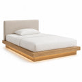 Lit plateforme 160 x 200 cm avec tête de lit rembourrée rectangulaire beige et cadre effet chêne naturel