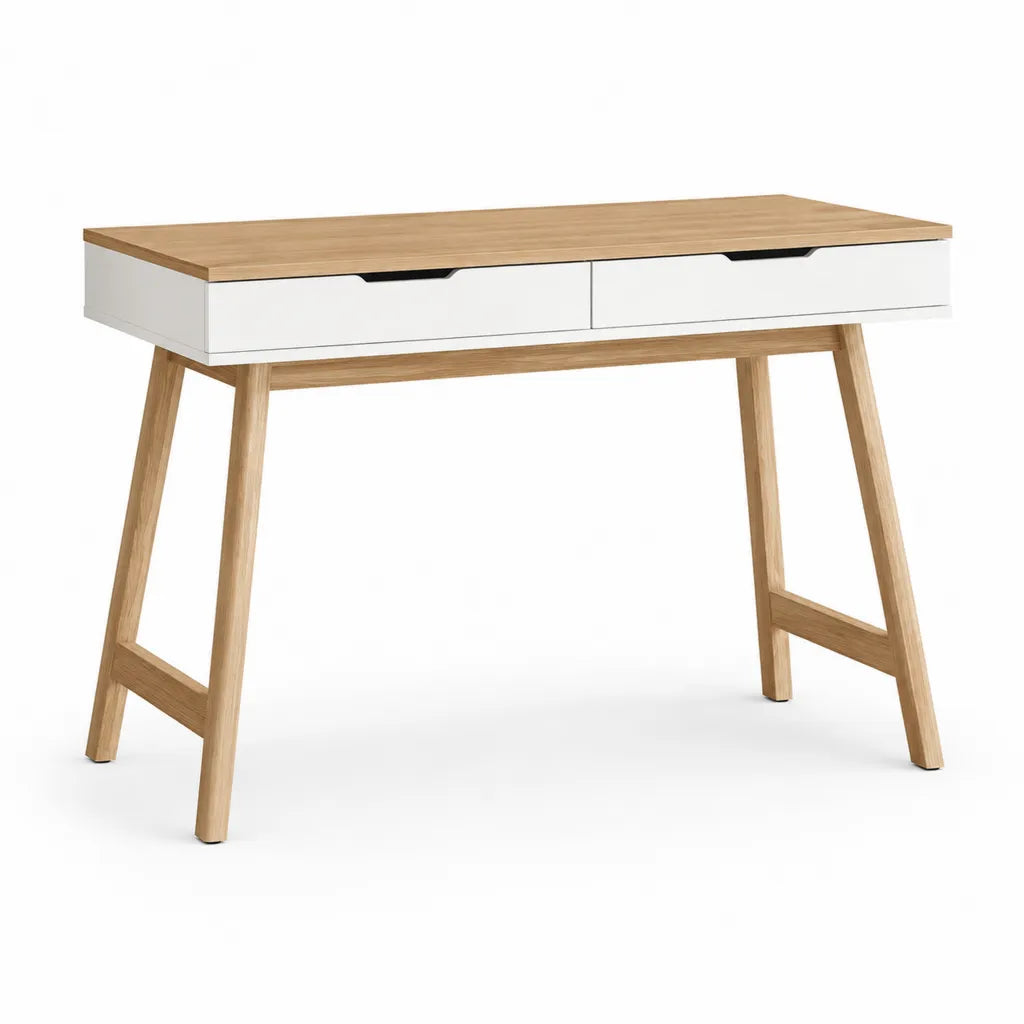 Bureau classique avec 2 tiroirs rectangulaire en MDF et bois massif blanc et chêne 120 x 60 x 75 cm