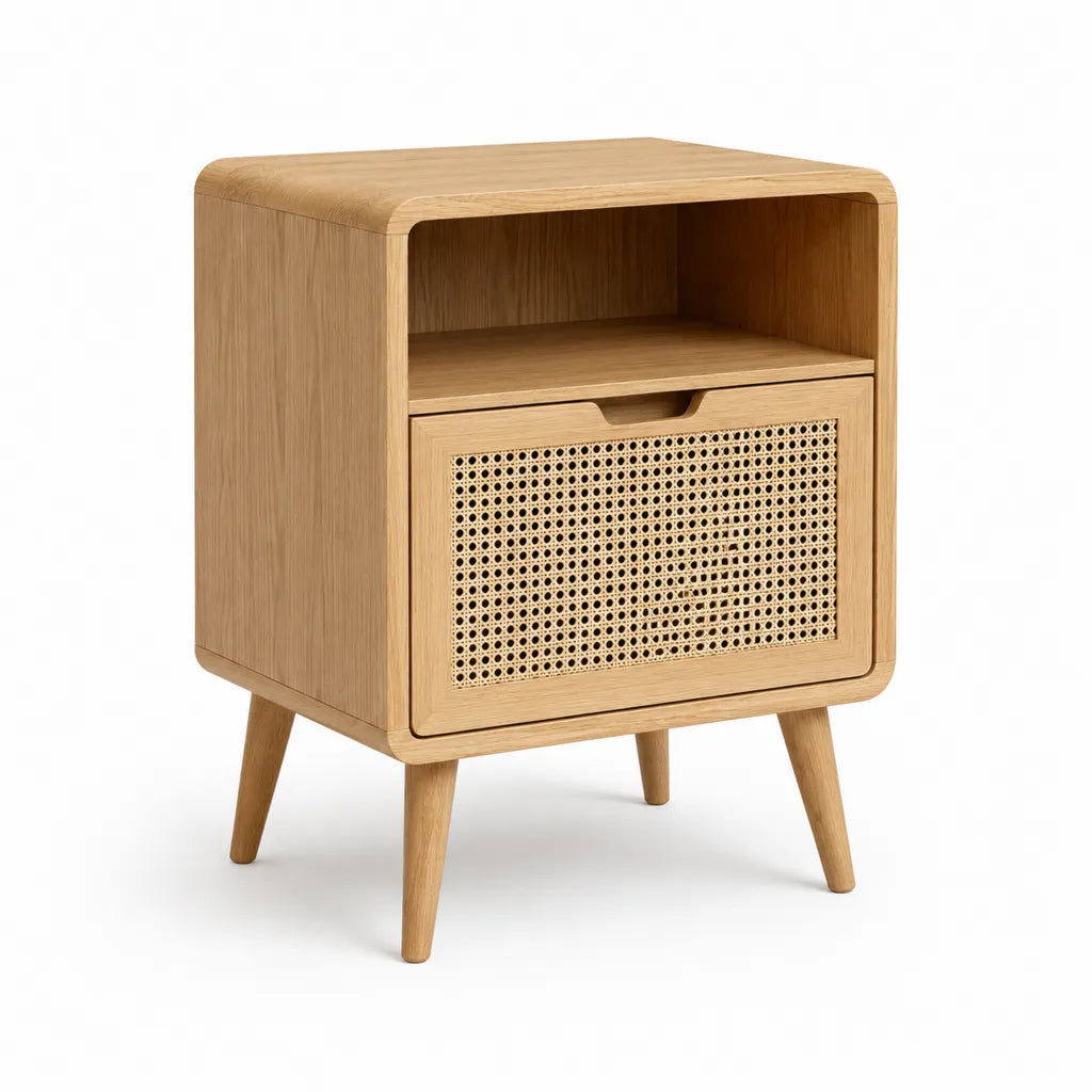 Table de chevet avec porte en cannage 40 x 35 x 60 cm chêne naturel
