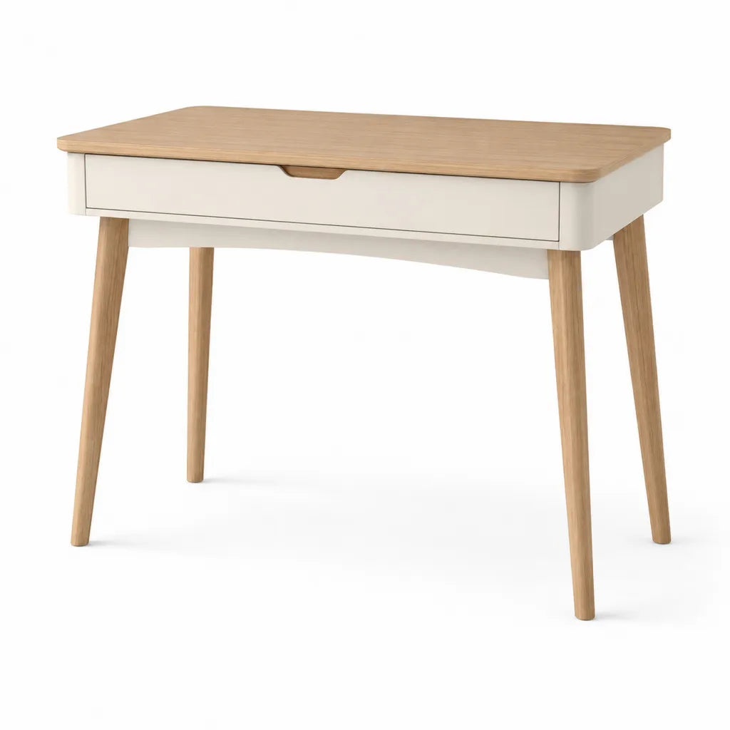 Bureau classique avec tiroir 100 x 50 x 75 cm en MDF et bois d'hévéa blanc et naturel