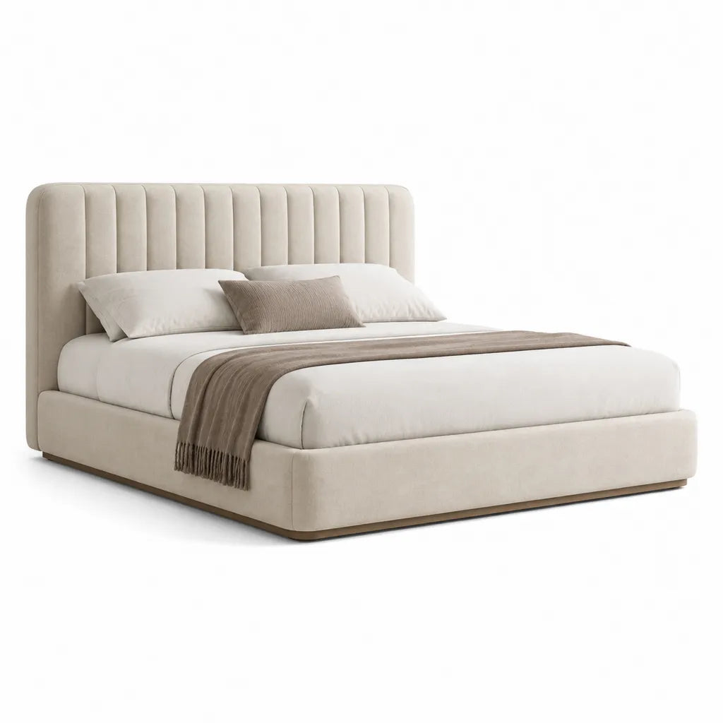 Lit double capitonné avec tête de lit à panneaux en velours polyester beige 160 x 200 cm