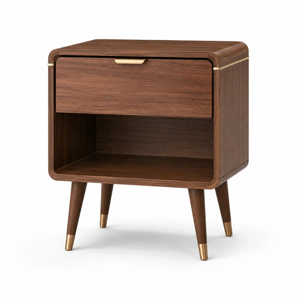 Table de chevet 1 tiroir et niche ouverte en MDF plaqué noyer brun 50 x 40 x 60 cm