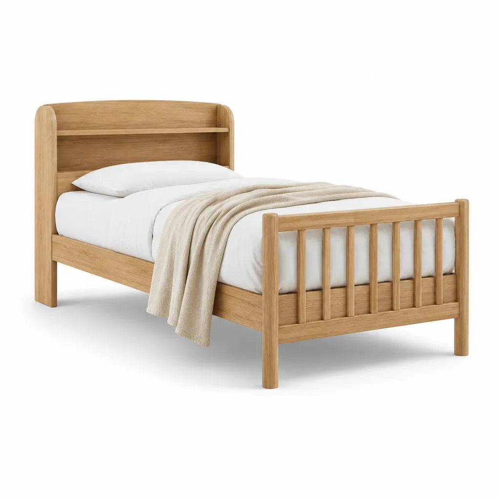 Lit simple en chêne massif 90 x 190 cm avec tête de lit étagère rectangulaire naturel