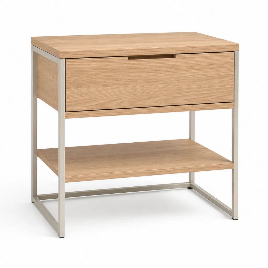 Table de chevet rectangulaire 50 x 40 x 60 cm avec tiroir et étagère en placage chêne naturel et acier beige