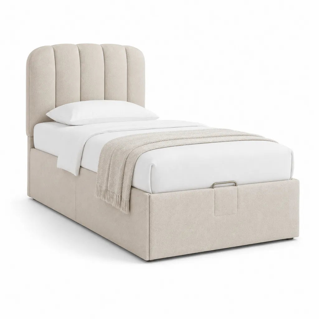 Lit coffre 1 place 90 x 190 cm en polyester beige avec tête de lit capitonnée