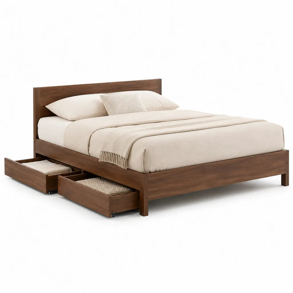 Lit double avec 2 tiroirs de rangement en bois massif finition noyer 160 x 200 cm