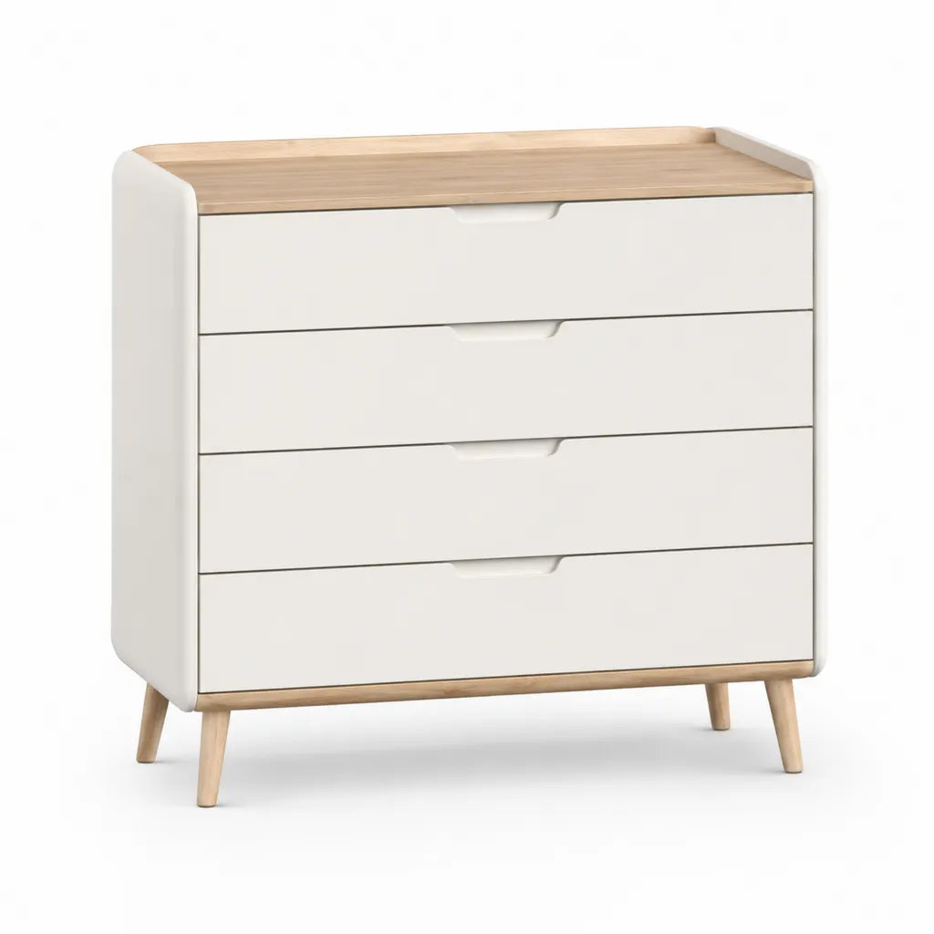 Commode basse rectangulaire 4 tiroirs en MDF blanc et décor chêne 80 x 45 x 90 cm