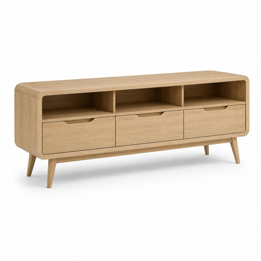 Meuble TV 160 x 40 x 65 cm en MDF plaqué chêne rectangulaire naturel avec 3 tiroirs