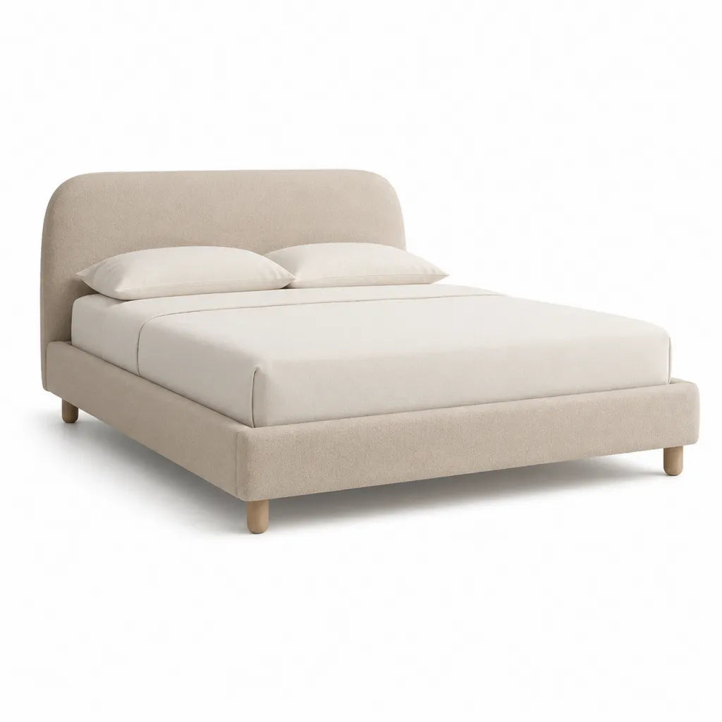 Lit double avec cadre rembourré et tête de lit arrondie en polyester beige 160 x 200 cm