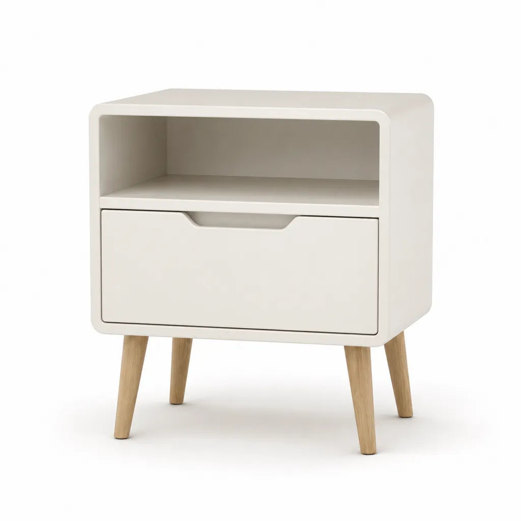 Table de chevet 1 tiroir avec niche rectangulaire en MDF blanc pieds en hévéa massif 40 x 35 x 55 cm