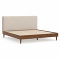Lit double avec sommier à lattes 160 x 200 cm en bois massif noyer et tête de lit capitonnée beige