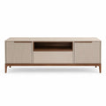Meuble TV 180 x 40 x 55 cm à 2 portes et 1 tiroir en MDF et bois d'hévéa massif rectangulaire beige et noyer