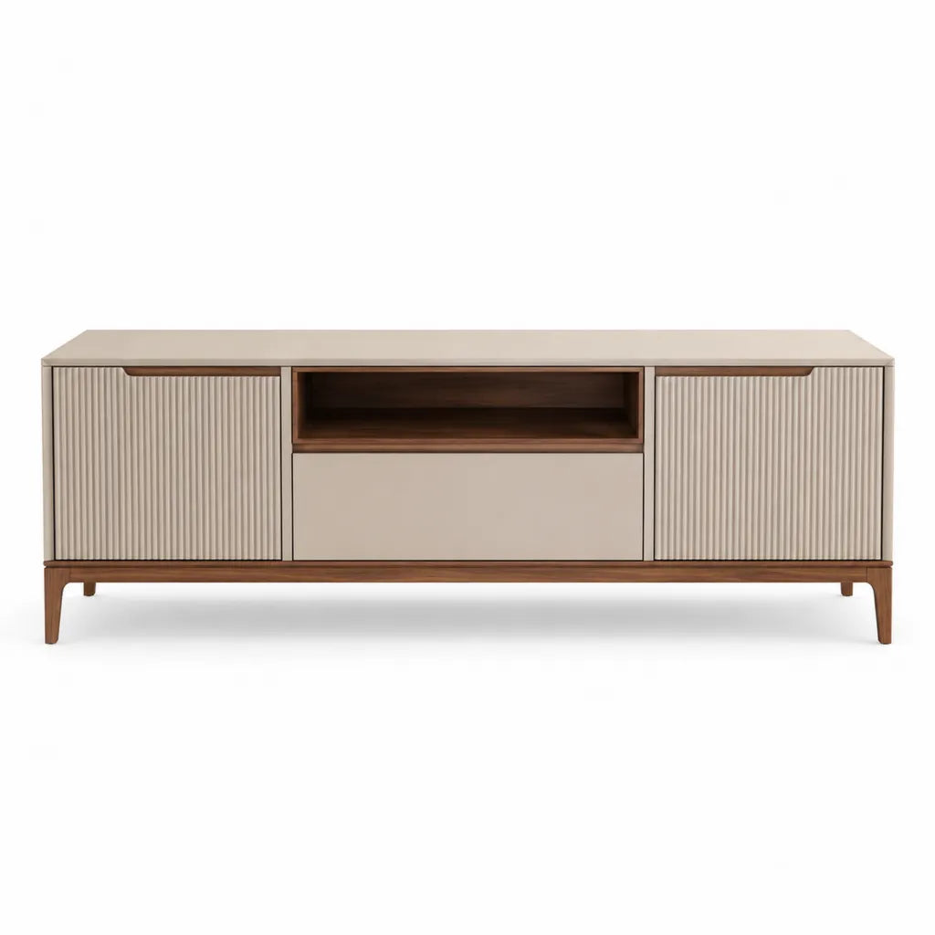 Meuble TV 180 x 40 x 55 cm à 2 portes et 1 tiroir en MDF et bois d'hévéa massif rectangulaire beige et noyer