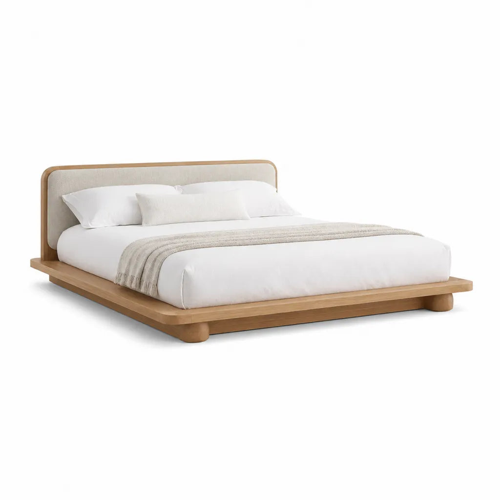 Cadre de lit double 160 x 200 cm en bois massif avec tête de lit rembourrée beige