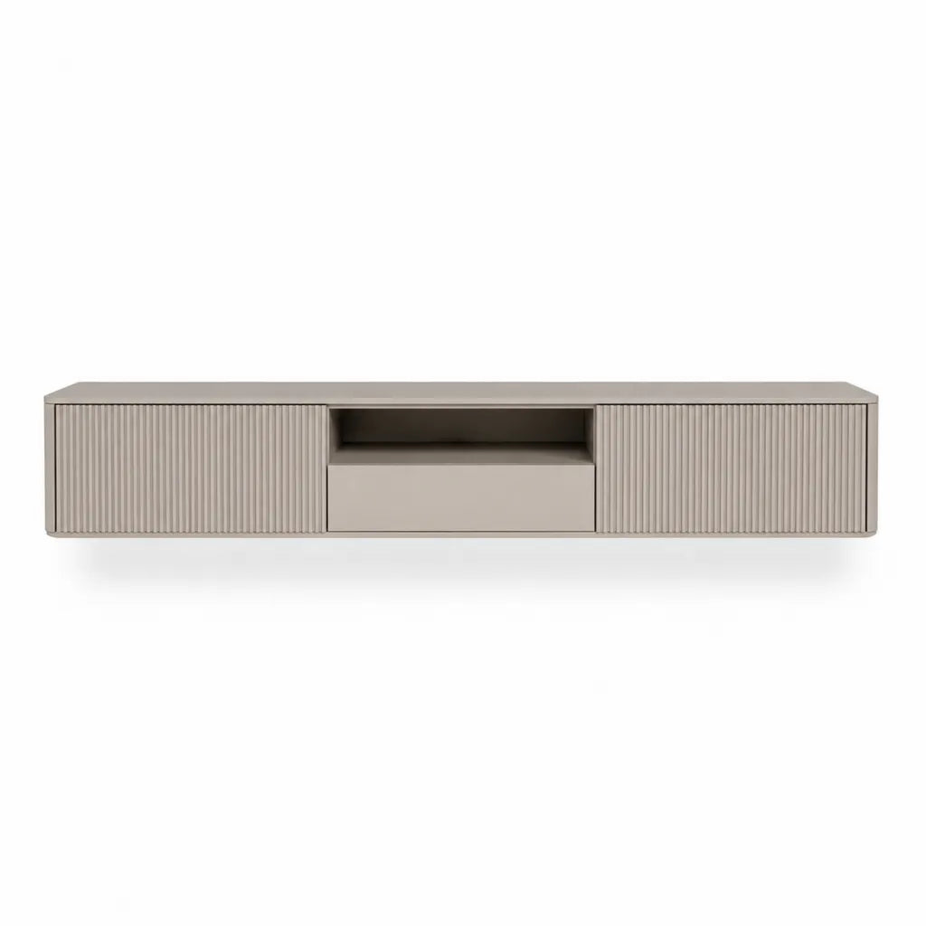 Meuble TV rectangulaire 180 x 40 x 45 cm en panneaux MDF taupe avec 2 portes 1 tiroir et niche ouverte