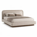 Cadre de lit double 160 x 200 cm en polyester beige avec tête de lit rectangulaire arrondie et base noyer