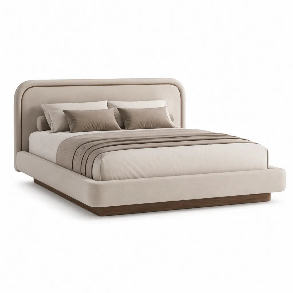 Cadre de lit double 160 x 200 cm en polyester beige avec tête de lit rectangulaire arrondie et base noyer