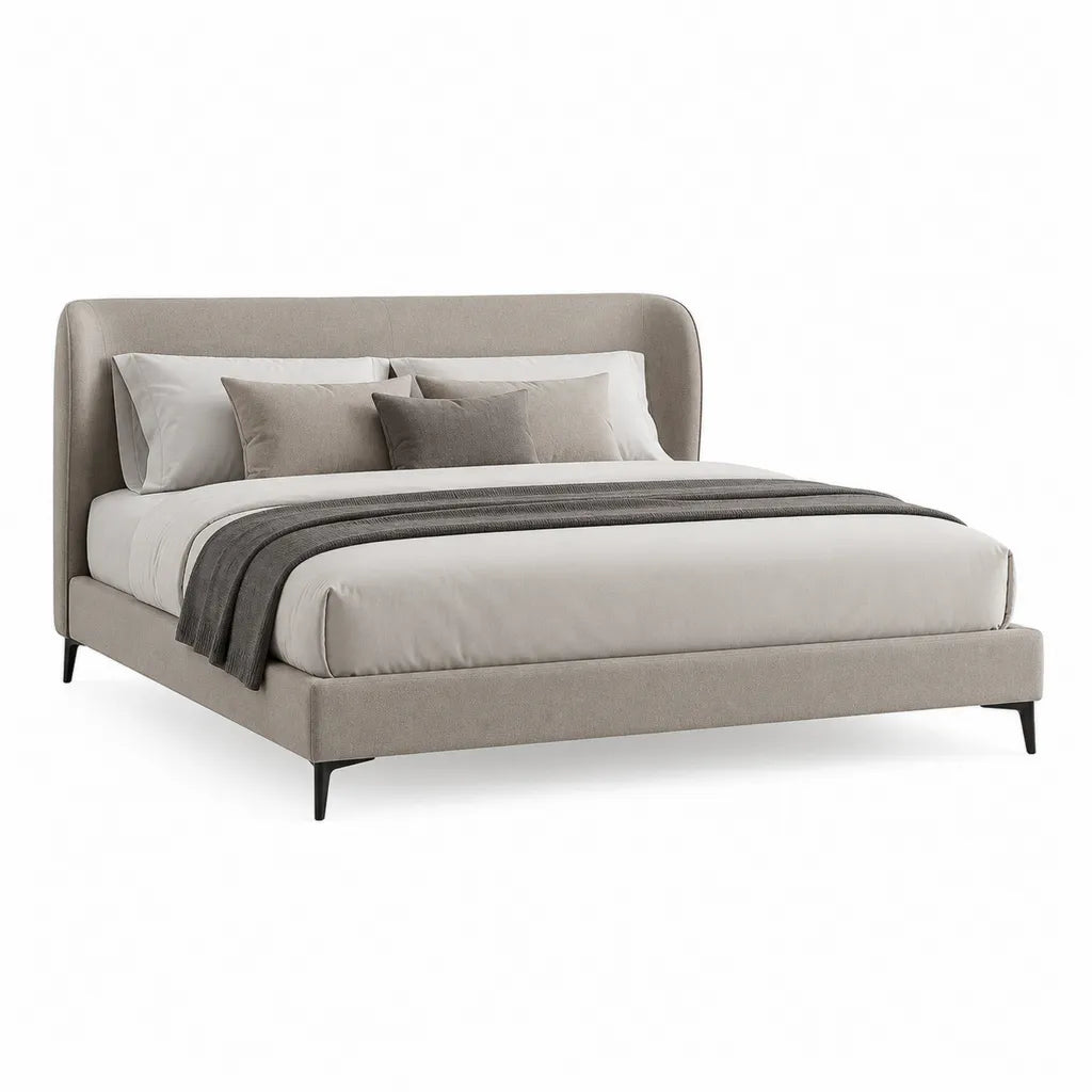 Lit double 160 x 200 cm en polyester beige à tête de lit arrondie