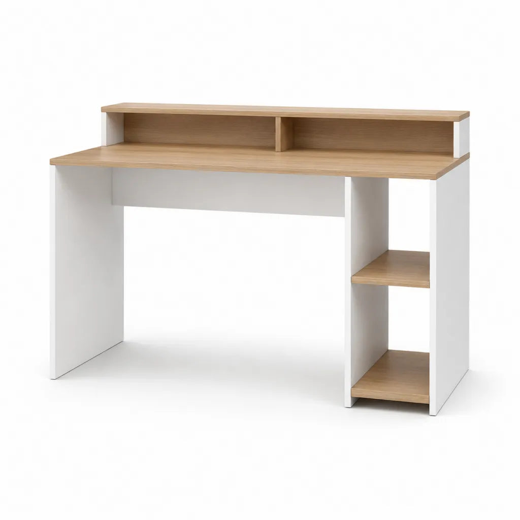 Bureau informatique avec étagères 120 x 60 x 90 cm en panneaux de particules mélaminés rectangulaire blanc et chêne clair