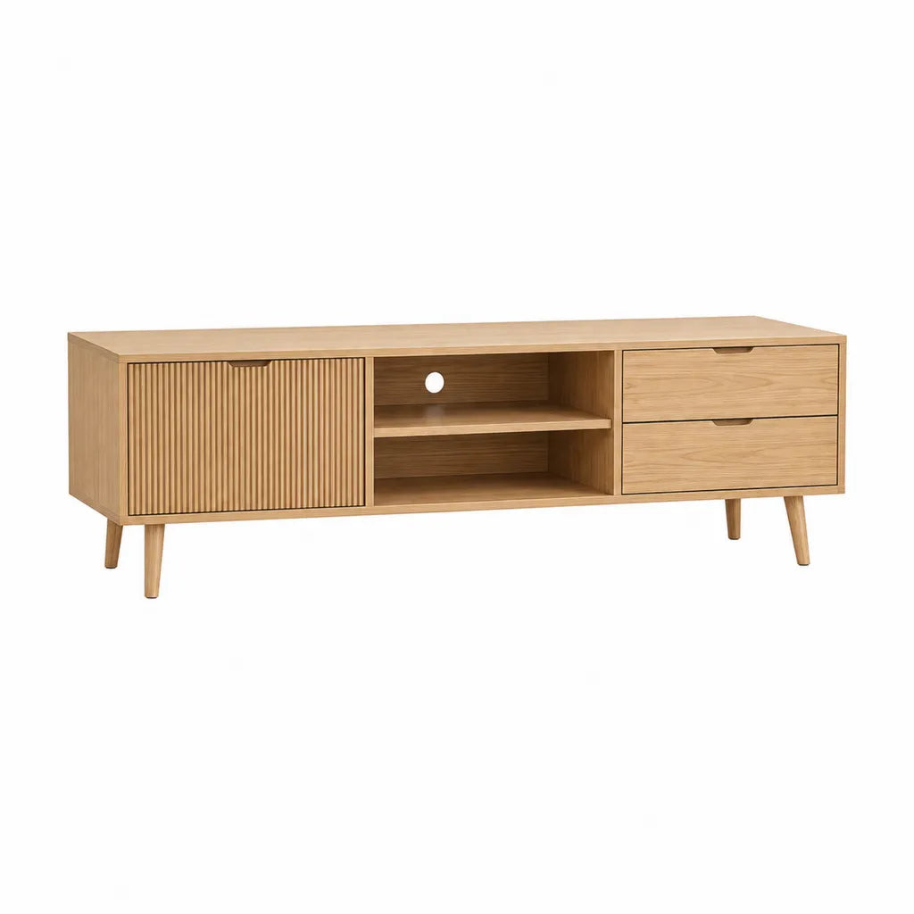 Meuble TV rectangulaire 180 x 40 x 60 cm en MDF plaqué chêne naturel avec porte coulissante 2 tiroirs et passe-câbles