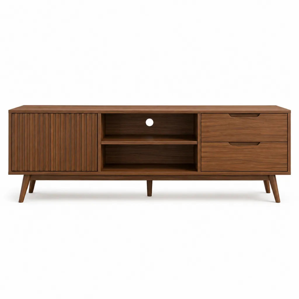 Meuble TV 180 x 40 x 60 cm en MDF plaqué noyer avec porte coulissante et 2 tiroirs marron noyer