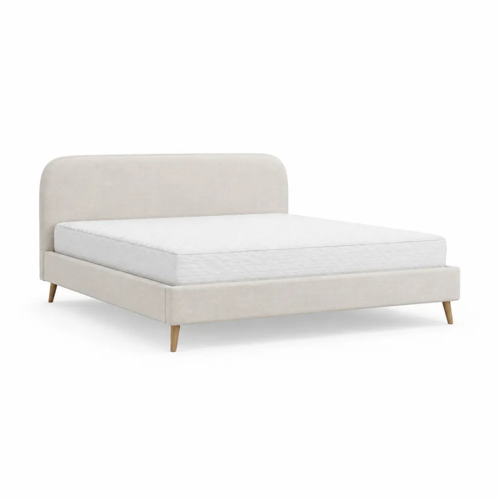 Cadre de lit double 160 x 200 cm en polyester beige avec tête de lit arrondie et pieds en hévéa massif