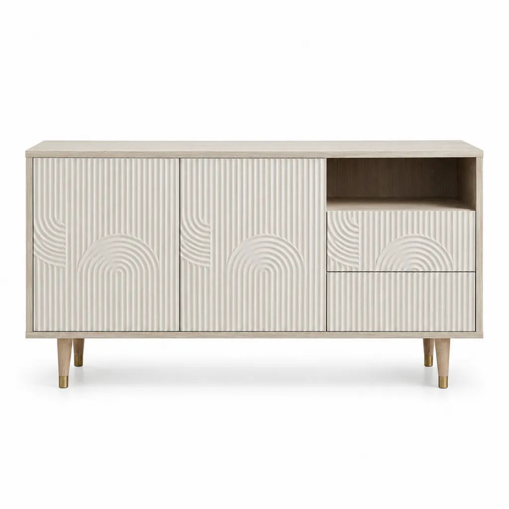 Meuble TV rectangulaire 160 x 40 x 80 cm en MDF blanc cassé et bois clair