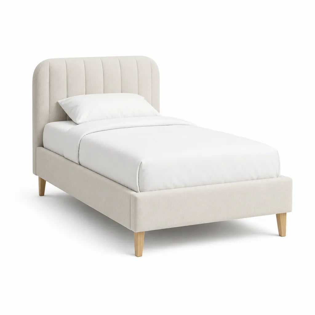Lit simple capitonné 90 x 190 cm en polyester beige avec tête de lit arrondie