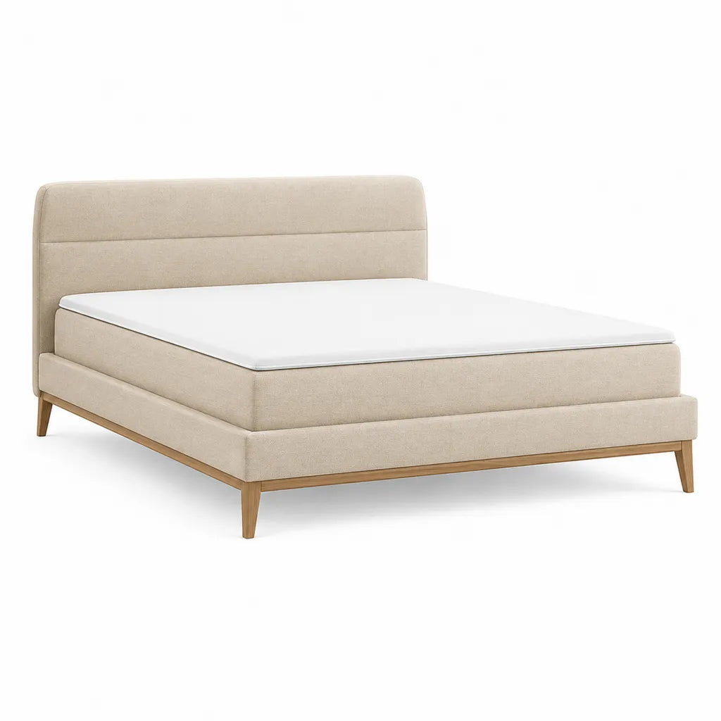 Lit double capitonné avec cadre de lit 160 x 200 cm en polyester beige et pieds en hévéa