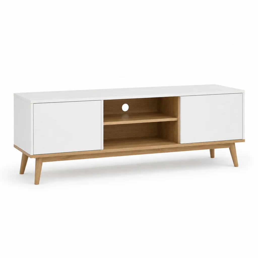 Meuble TV rectangulaire 140 x 40 x 55 cm en panneaux MDF blancs et bois d'hévéa naturel avec 2 portes