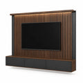 Meuble TV mural rectangulaire avec panneau à lattes LED en MDF plaqué noyer foncé et noir 240 x 35 x 220 cm