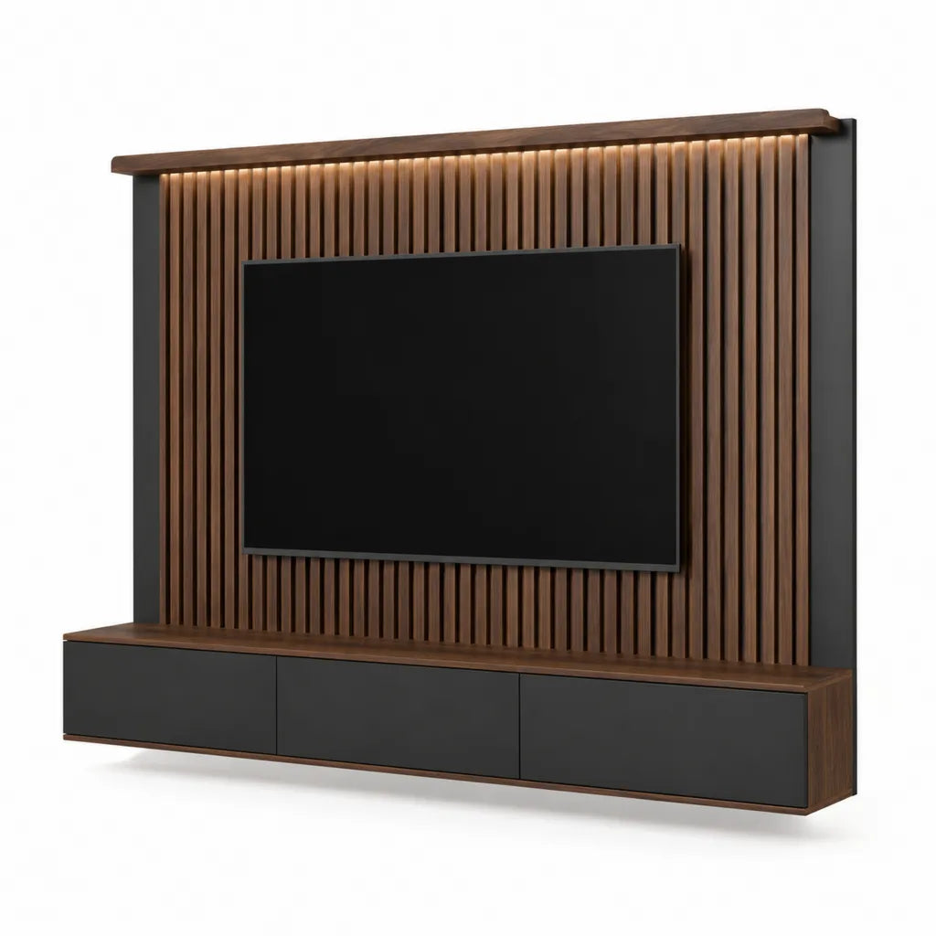 Meuble TV mural rectangulaire avec panneau à lattes LED en MDF plaqué noyer foncé et noir 240 x 35 x 220 cm