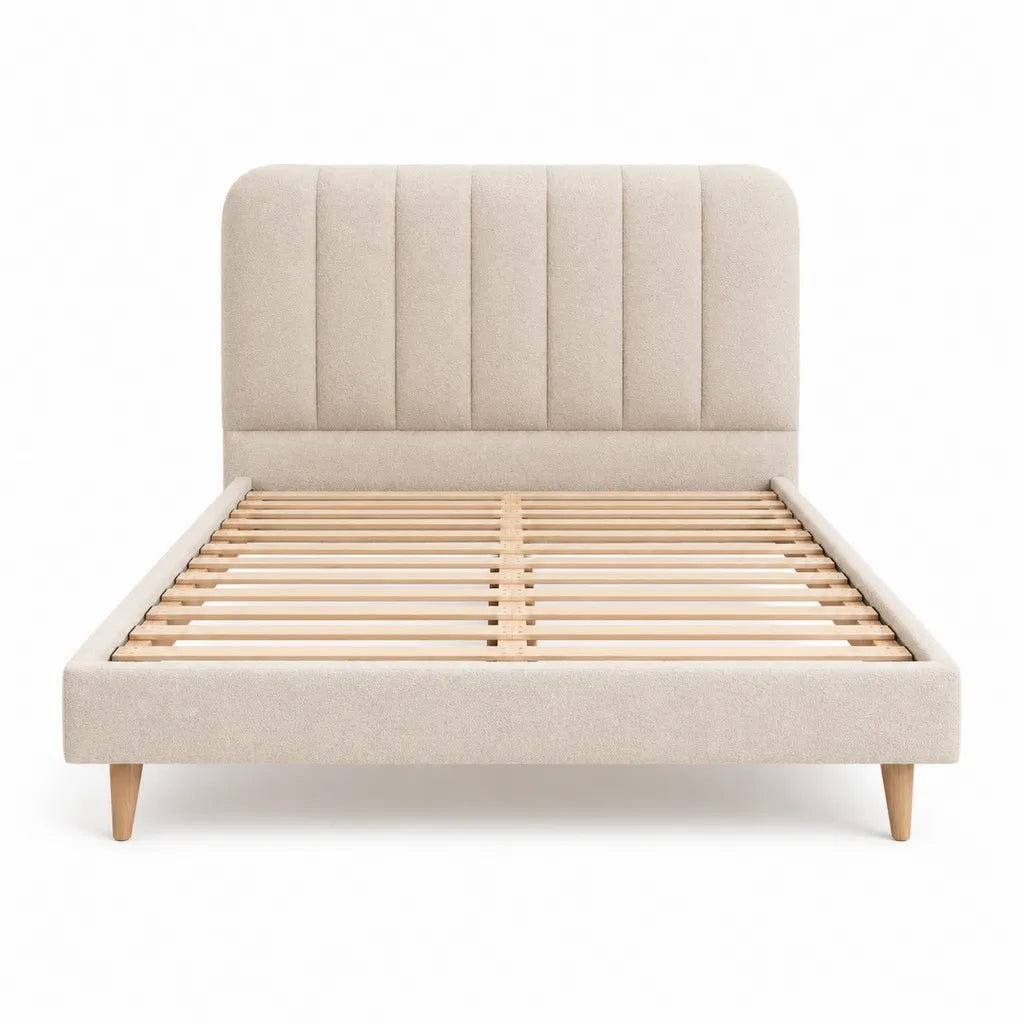 Lit double avec cadre à lattes 160 x 200 cm en polyester bouclette beige