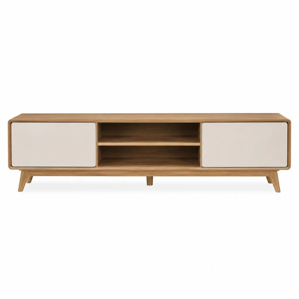 Meuble TV 180 x 40 x 52 cm en MDF plaqué chêne avec portes blanches rectangulaire