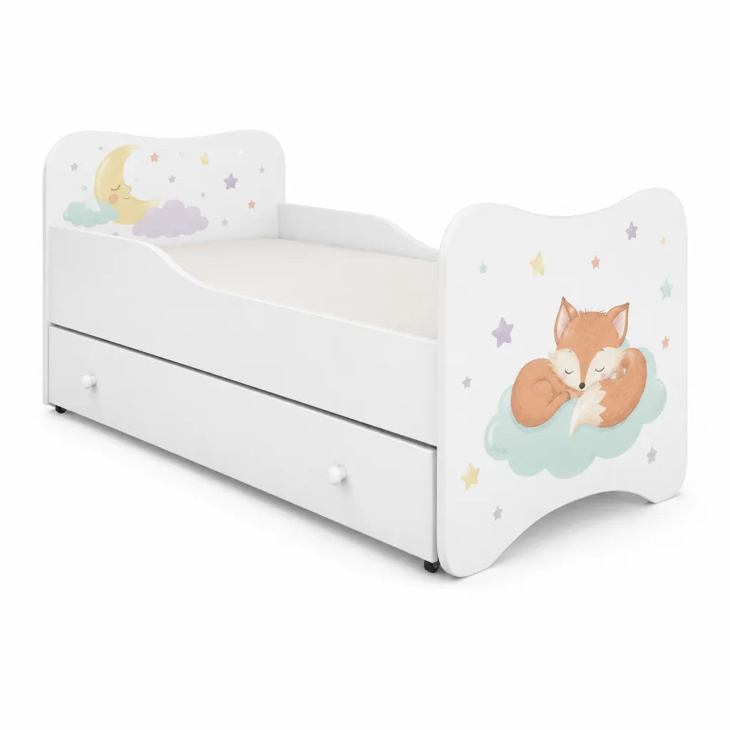 Lit enfant avec tiroir 140 x 70 cm en MDF blanc motifs renard lune et étoiles
