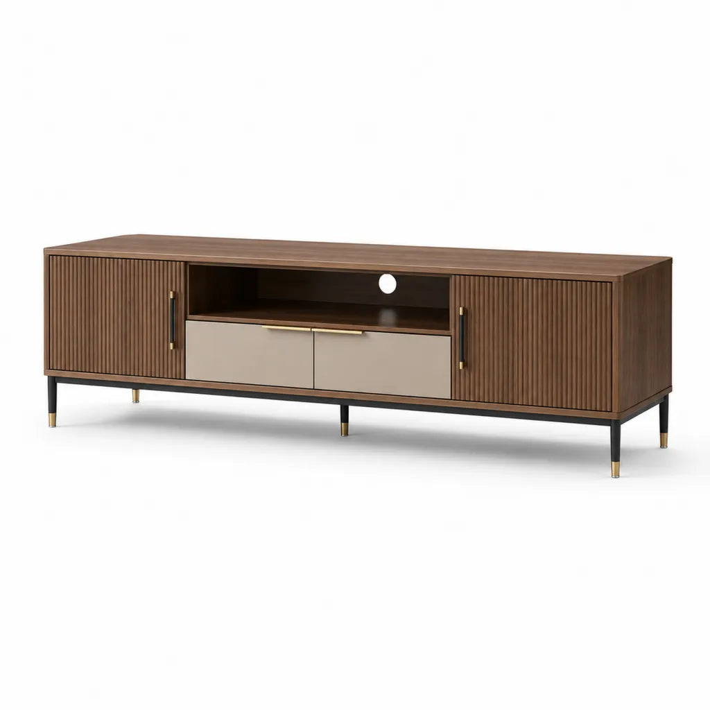 Meuble TV 180 x 40 x 60 cm en MDF plaqué noyer avec 2 portes coulissantes et 2 tiroirs marron beige noir