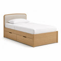 Lit simple avec 2 tiroirs 90 x 190 cm en MDF plaqué chêne beige avec tête de lit rectangulaire en polyester