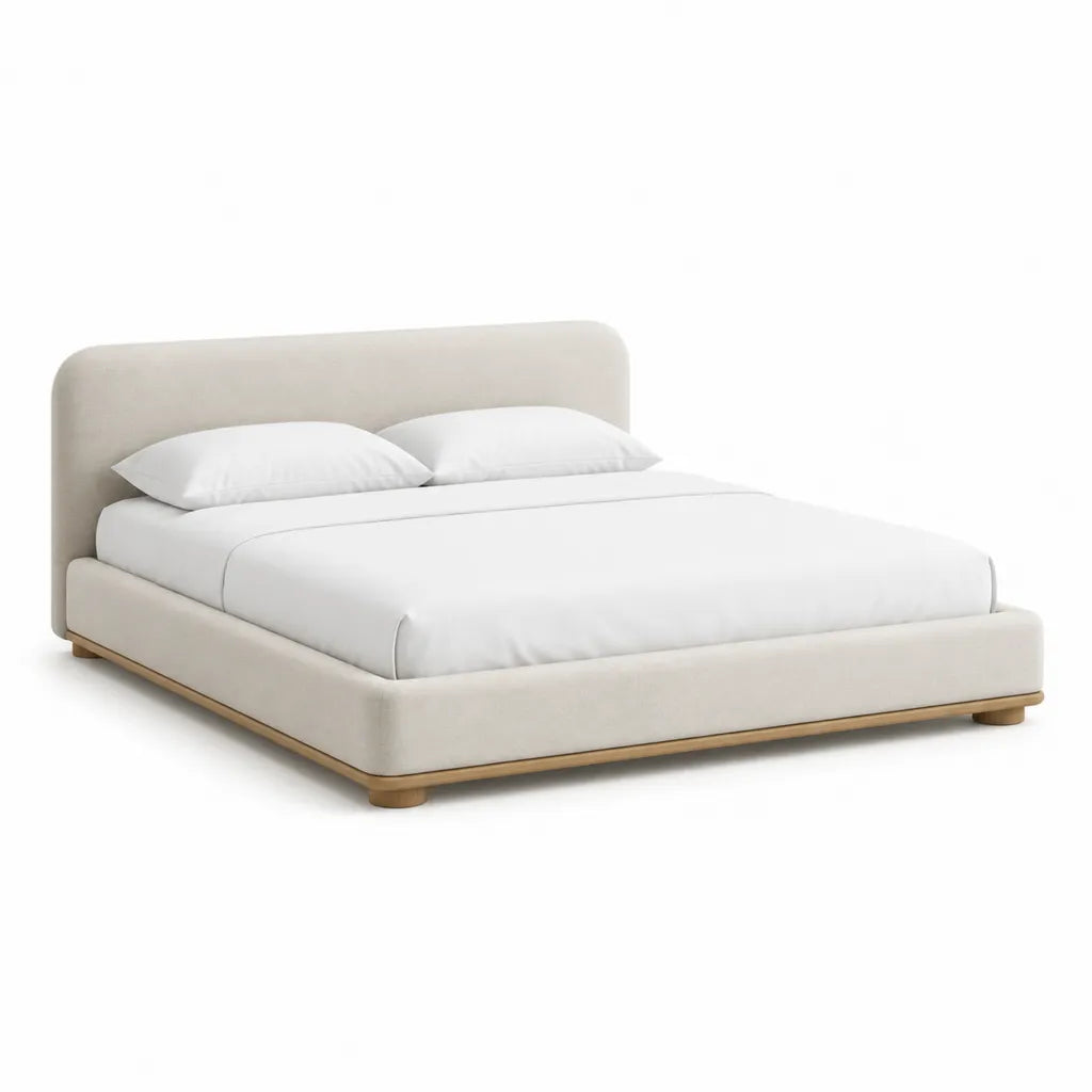 Cadre de lit double 160 x 200 cm rembourré en polyester beige à tête de lit arrondie