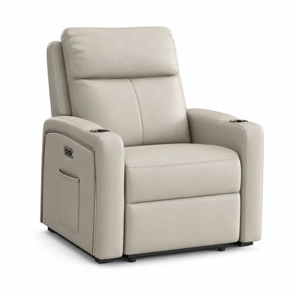 Fauteuil relax électrique inclinable en cuir synthétique PU beige avec porte-gobelets 92 x 98 x 104 cm