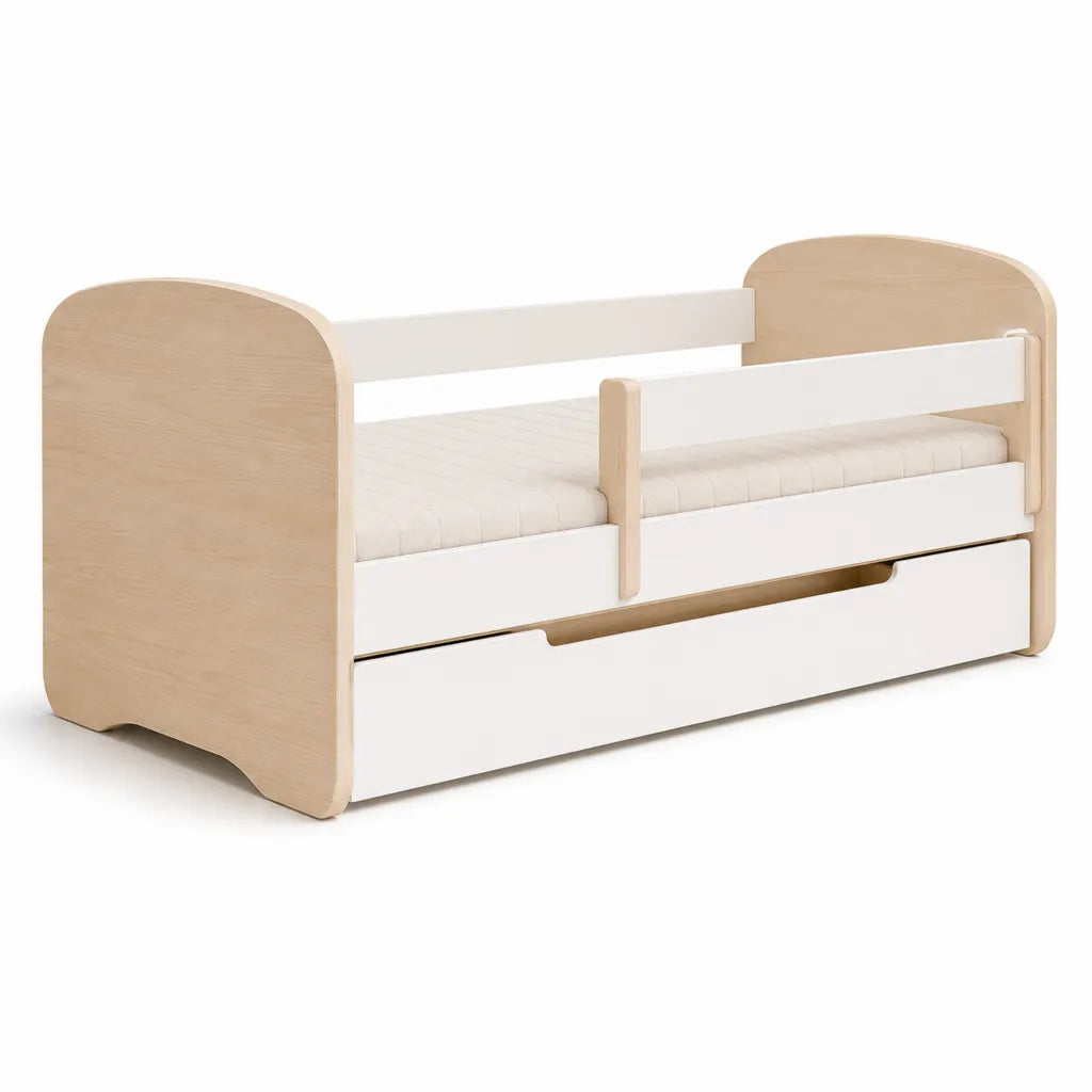 Lit enfant évolutif 140 x 70 cm avec barrières latérales et tiroir en contreplaqué de bouleau blanc et naturel
