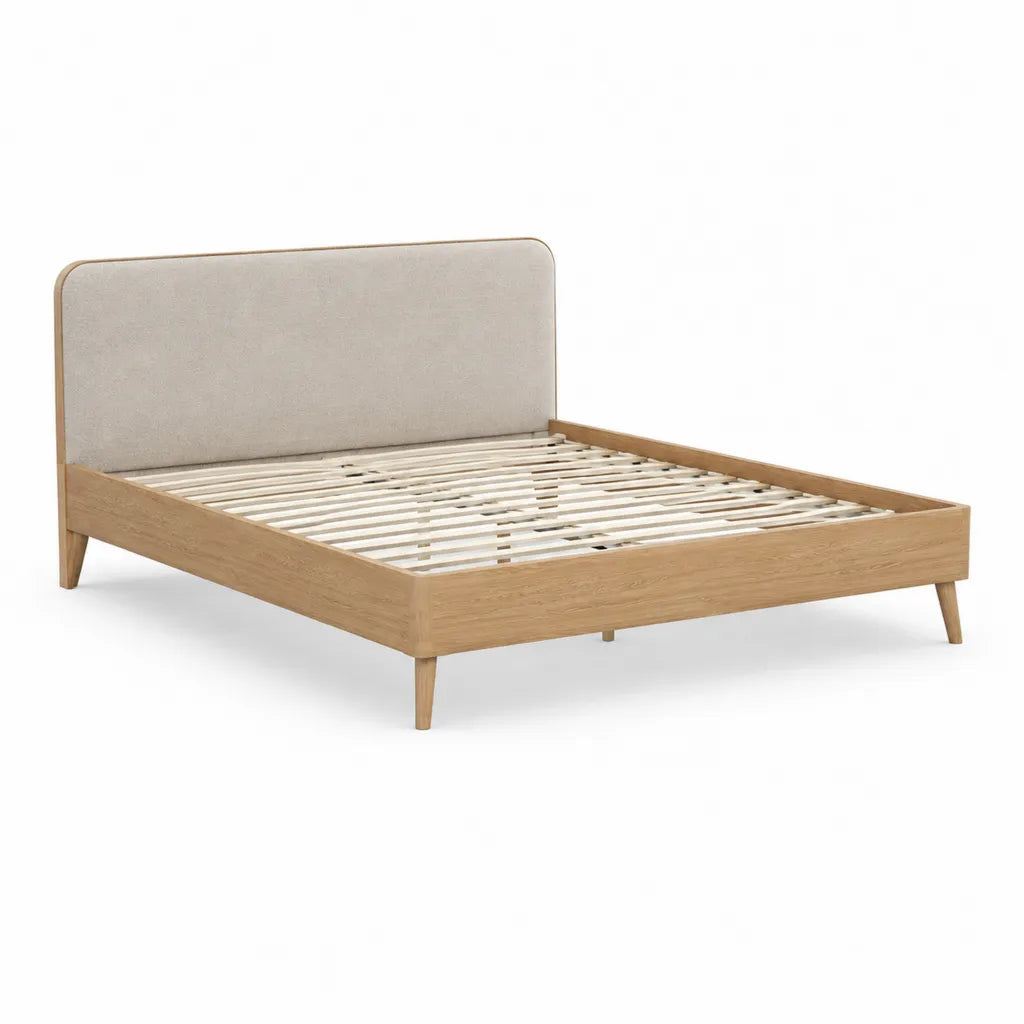 Lit double avec cadre à lattes 160 x 200 cm en MDF plaqué chêne et tête de lit en polyester beige