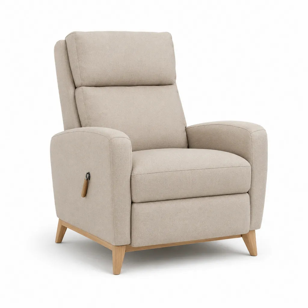 Fauteuil relax manuel inclinable en polyester beige avec pieds en bois massif 85 x 92 x 102 cm