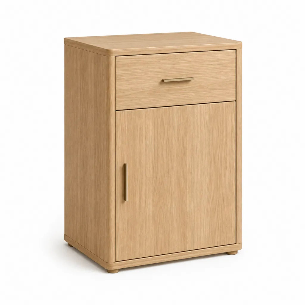 Table de chevet avec tiroir et porte en panneaux MDF plaqués chêne rectangulaire beige 45 x 35 x 65 cm