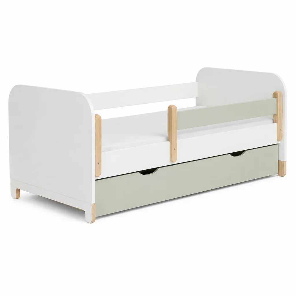 Lit enfant avec barrière et tiroir 140 x 70 cm MDF blanc vert sauge
