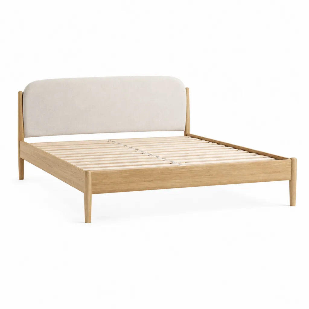 Cadre de lit double 160 x 200 cm en chêne massif avec tête de lit rembourrée rectangulaire beige et naturel