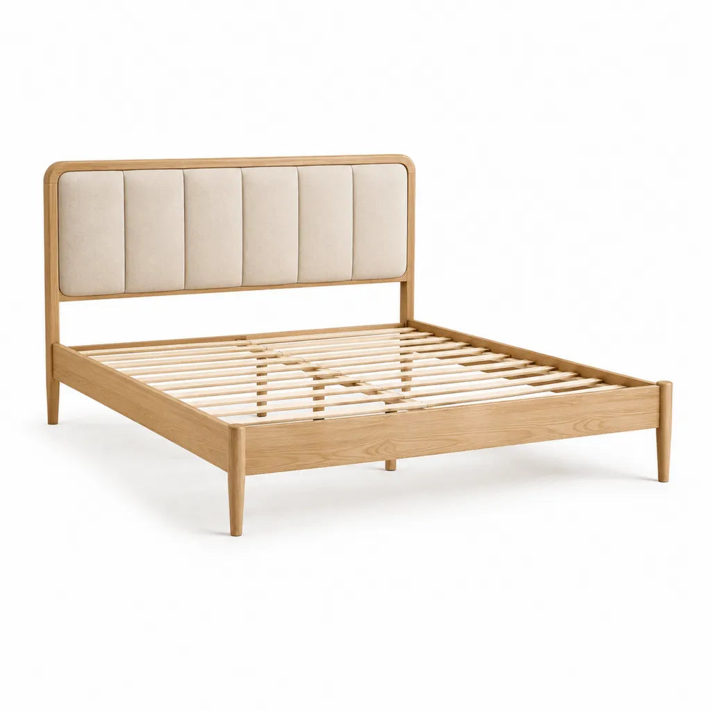 Lit double 160 x 200 cm en chêne massif avec sommier à lattes et tête de lit capitonnée beige