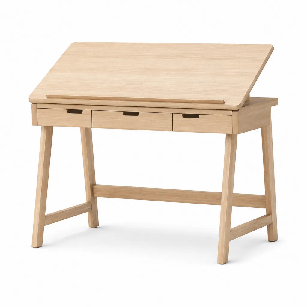 Bureau classique inclinable en bois massif naturel avec 3 tiroirs 110 x 60 x 75 cm