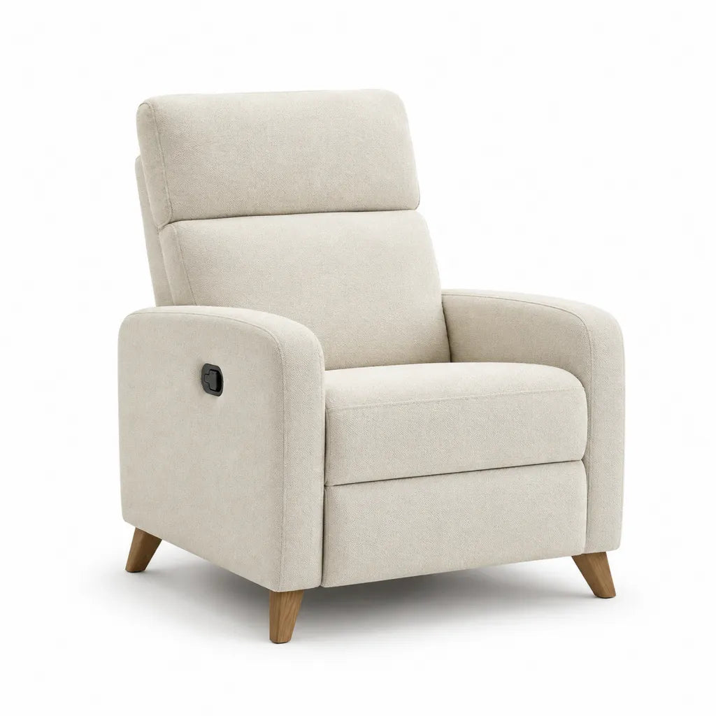 Fauteuil relax inclinable manuel en polyester crème avec pieds en bois massif 90 x 94 x 104 cm