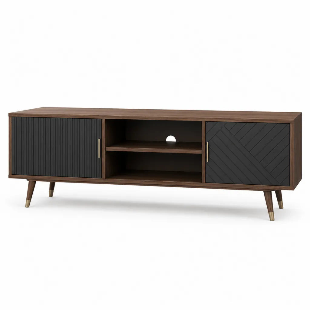 Meuble TV 180 x 40 x 55 cm en panneaux MDF brun noyer et noir avec 2 portes et rangement ouvert