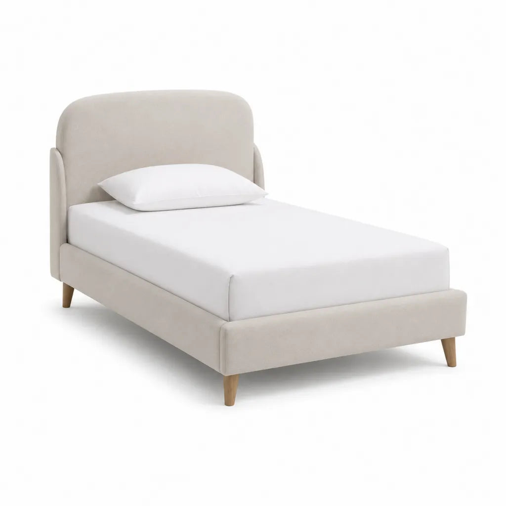 Lit simple rembourré 90 x 190 cm en polyester beige à tête de lit arrondie